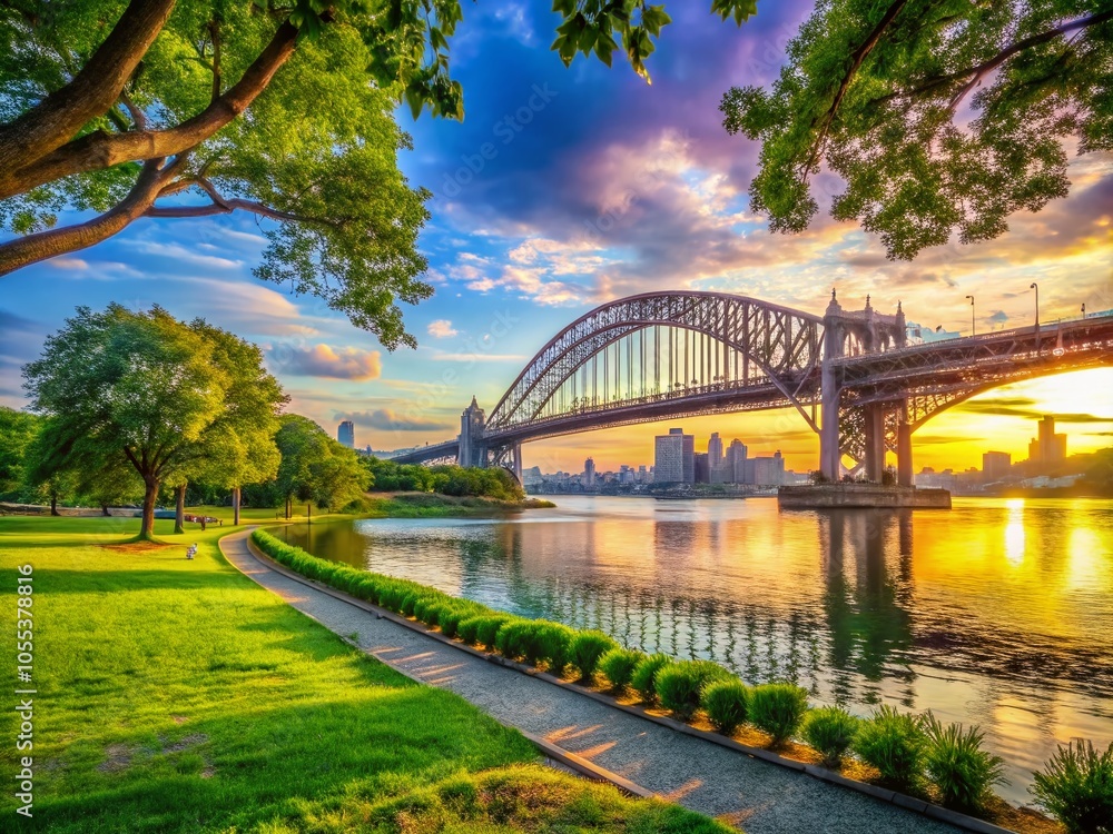 Obraz premium Astoria Queens Riverfront Park East River Summer Bokeh Effect with Hell Gate Bridge