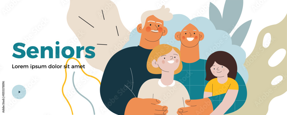 Fototapeta premium Cheerful senior couple with kids. Grandparents embrace grandchildren on abstract background. Modern flat vector illustration. Seniors. Landing page and website banner template.