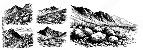 rocky mountain landscapes with rugged trails in black vector illustration