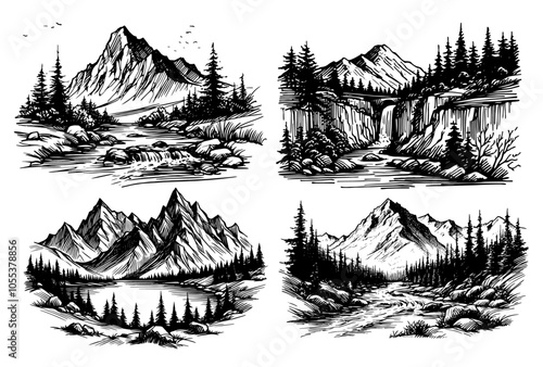 forest and mountain view with river sketch style black vector