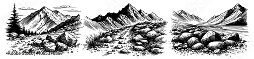 scenic mountain valley with river and waterfall black vector