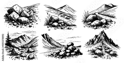 hand-drawn black vector of rocky mountainous terrain and paths
