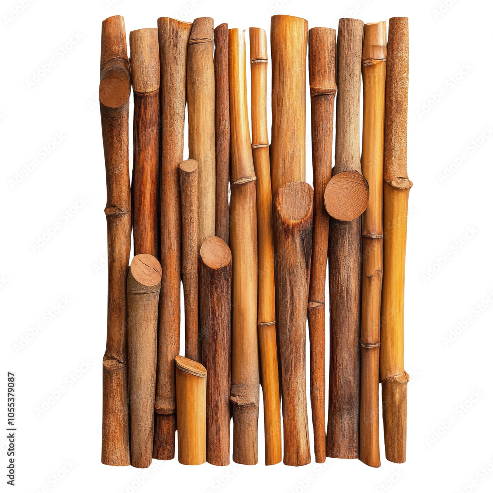 Various bamboo sticks arranged together on transparent background. Various bamboo sticks arranged together on transparent background.