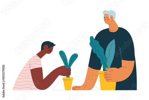 Cheerful senior man with kid. Grandparent planting houseplants with grandchild on white background. Senior man gardening with child. Vector illustration. Seniors. Landing page and website banner