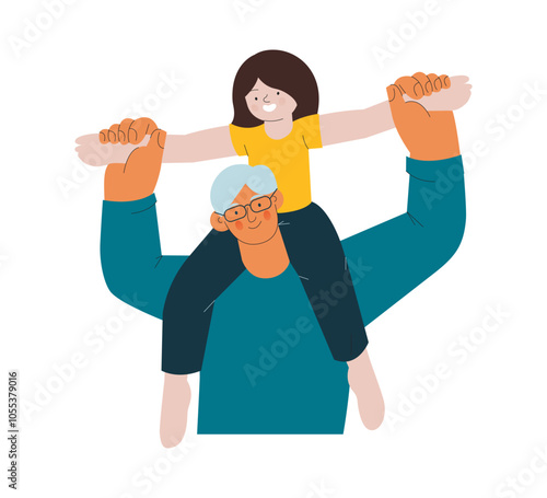 Grandchild sit on grandfathers shoulders, senior adult hold kids arms above his head on white background. Modern flat vector illustration. Seniors. Landing page and website banner template.