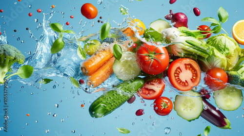 Wallpaper Mural Healthy Food Banner with Fresh Vegetables, Water Splashes, and Blue Gradient Background Torontodigital.ca