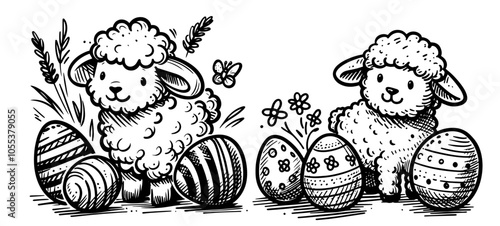 whimsical illustration of a lamb surrounded by colorful Easter eggs, celebrating the joy of the holiday season black vector