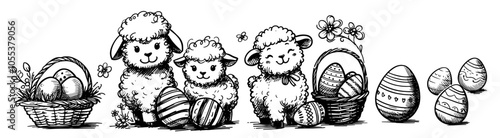 
adorable cartoon lamb with Easter eggs, capturing the playful spirit of spring in a charming hand-drawn style black vecto