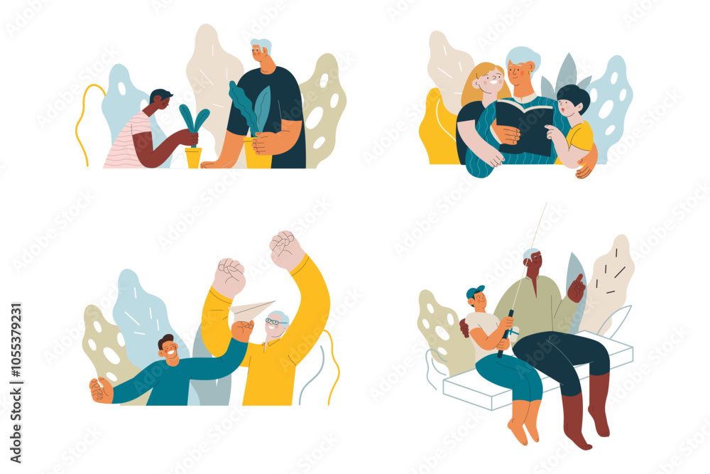 Collection of different cheerful senior man and woman with grandchildren perform different activities on abstract background. Modern flat vector illustration. Seniors. Landing page and website banner Collection of different cheerful senior man and woman with grandchildren perform different activities on abstract background. Modern flat vector illustration. Seniors. Landing page and website banner