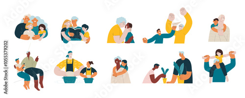 Collection of different cheerful senior man and woman with grandchildren perform different activities isolated  on white background. Modern flat vector illustration. Seniors. Landing page and website 