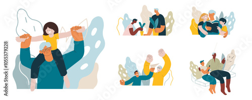 Collection of different cheerful senior man and woman with grandchildren perform different activities on abstract background. Modern flat vector illustration. Seniors. Landing page and website banner 
