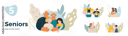 Collection of different cheerful senior man and woman with grandchildren perform different activities on abstract background. Modern flat vector illustration. Seniors. Landing page and website banner 