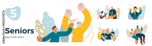Collection of different cheerful senior man and woman with grandchildren perform different activities on abstract background. Modern flat vector illustration. Seniors. Landing page and website banner 