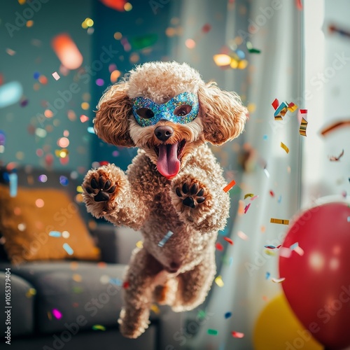  a jumping Cute dog  poodle celebrating birthday and holding a baloon carnival with mask, confetti and streamer, living room, baloon 