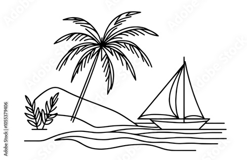 Tropical island with palm and sailboat black vector