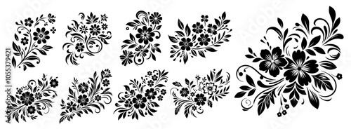 Vintage-inspired flower ornaments with leaves – black vector