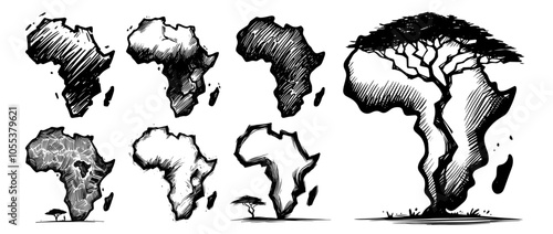 creative line art representation of the African continent, celebrating its diversity and vibrancy in an expressive manner black vector