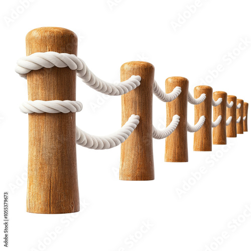 Wooden posts with rope, lined up against on transparent background. photo