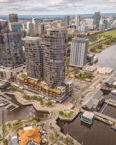 Aerial view of swan river and elizabeth quay with modern skyline and waterfront, perth, australia. photo