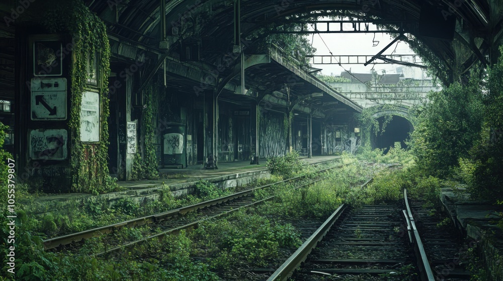 A deserted railway station, overgrown with weeds and vines, old signs faded A deserted railway station, overgrown with weeds and vines, old signs faded