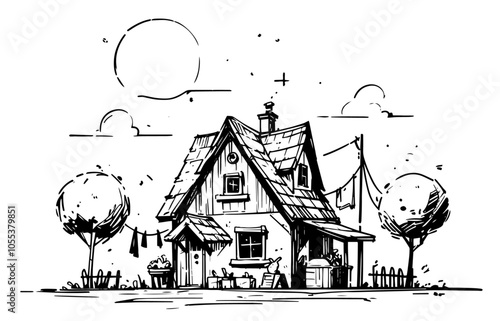 charming countryside house in hand-drawn vector illustration