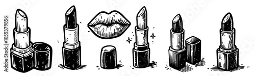 modern line art sketch of vibrant lips and lipstick, showcasing the playful side of beauty and makeup black vector