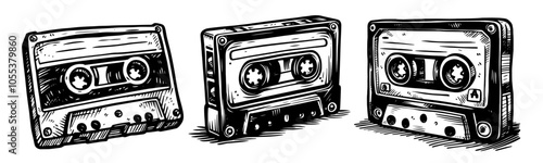 retro music cassette tape sketch, bringing back classic vibes in simple line art black vector