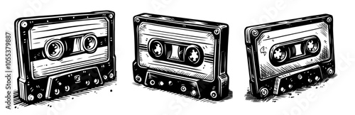 artistic sketch of a classic cassette tape, celebrating the 80s and 90s music vibe black vector