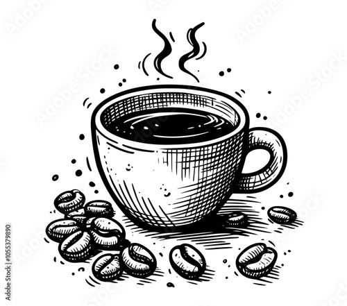 classic coffee mug with beans around black vector drawing