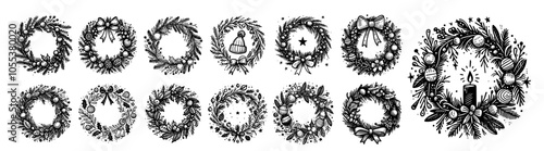 elegant sketch of a Christmas wreath adorned with decorations, ideal for holiday cards and seasonal artwork black vector