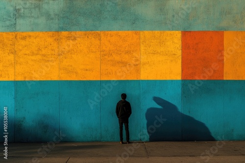 A person standing in front of a vibrant and colorful wall, great for backgrounds and themes photo