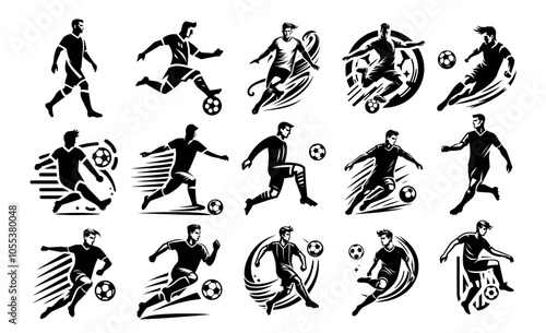 minimalist logo style silhouette of soccer player in motion, black vector
