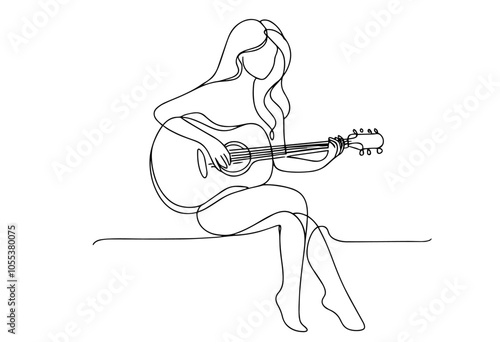 continuous line drawing of female guitarist, simple black vector art