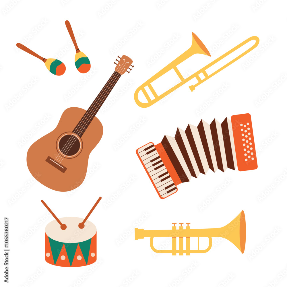 Fototapeta premium Musical instruments on isolated white background. Accordion,horn,harp,guitar,maracas,drums. Vector illustration.