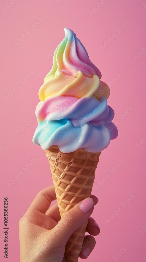 A hand holding a rainbow ice cream cone A hand holding a rainbow ice cream cone
