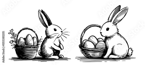 cute easter bunny carrying egg basket, perfect for hand-drawn line art coloring page black vector
