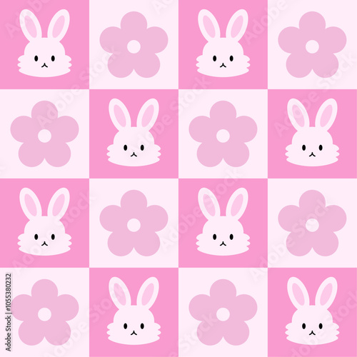 Cute seamless pattern with bunny and flowers. Checkered pink background. Vector texture for print, textile, fabric.