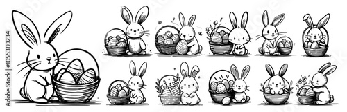 playful hand-drawn easter bunny holding basket with decorated eggs, ideal for coloring page designs black vector