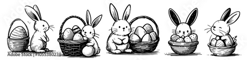 charming easter bunny with basket of eggs, hand-drawn line art in coloring page style black vector