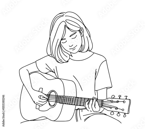 artistic minimalist sketch of a girl guitarist, highlighting her love songs in flowing monoline black vector