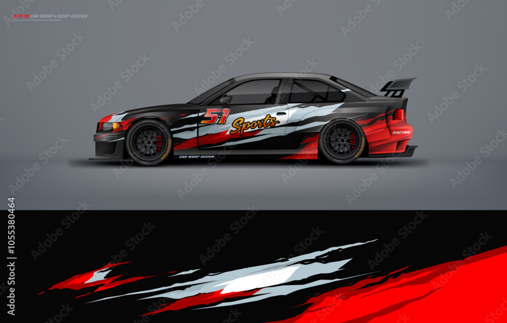 Fototapeta premium Racing Car sedan branding mockup with racing wrap decal or livery design, Hatchback wrap design 