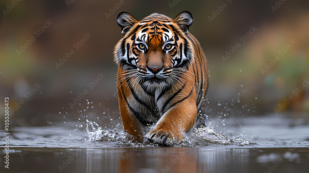 Fototapeta premium Tigers have powerful builds, bold orange fur with black stripes, and intense eyes. There is a sense of strength and grace about the tiger's face, with sharp features and a focused gaze.