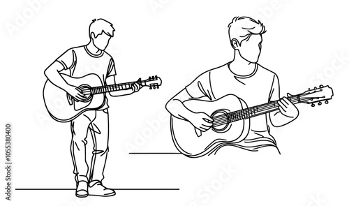 artistic monoline illustration of a young guitar player, highlighting passion in every line black vector