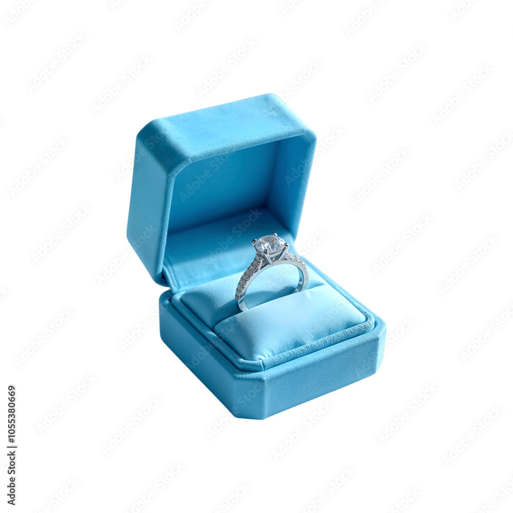Diamond silver ring in blue gift box isolated on transparent background. Jewelry gift box with ring png Diamond silver ring in blue gift box isolated on transparent background. Jewelry gift box with ring png
