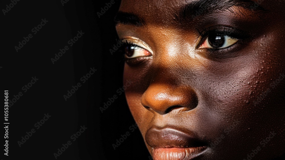 A close up shot of a woman's face against a black background A close up shot of a woman's face against a black background