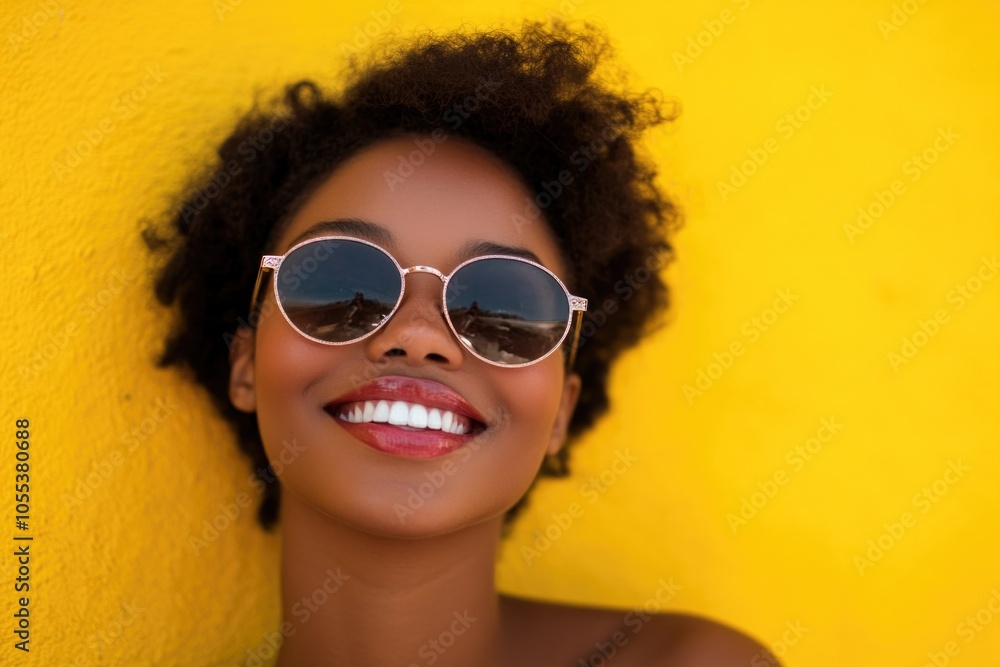 A smiling woman wearing sunglasses stands in front of a bright yellow wall, conveying happiness and confidence A smiling woman wearing sunglasses stands in front of a bright yellow wall, conveying happiness and confidence