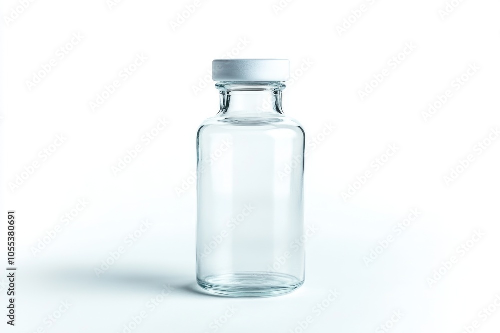A clear glass bottle with a white lid sitting on a surface A clear glass bottle with a white lid sitting on a surface