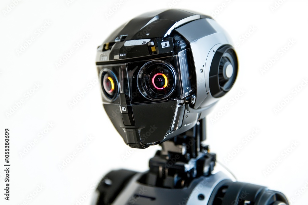 A robotic head with a camera attachment, perfect for technology and innovation scenes A robotic head with a camera attachment, perfect for technology and innovation scenes