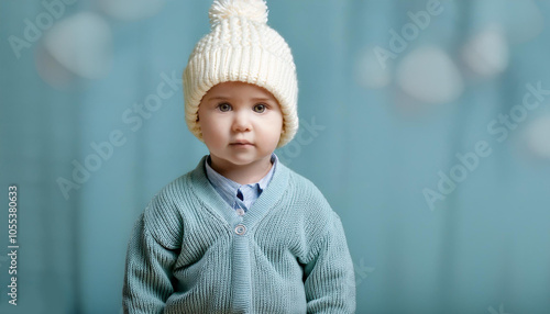 Retrato de vista frontal de niño pequeño de pie en invierno, mirando a la cámara. photo