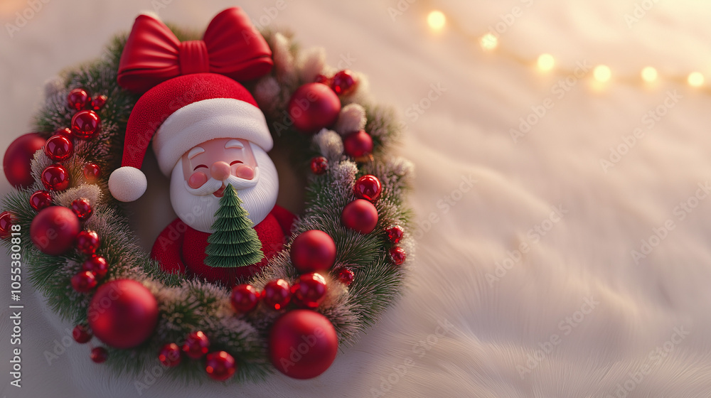 Obraz premium 3D Wreath Christmas ornaments with Santa Claus and a small tree, a red bow on top of the wreath, a white fur background, Christmas decorations, a red color palette, a red ball garland around